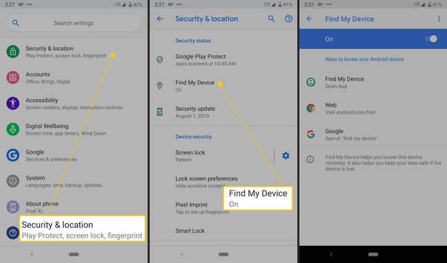 Android의 Google 내 기기 찾기 설정.
