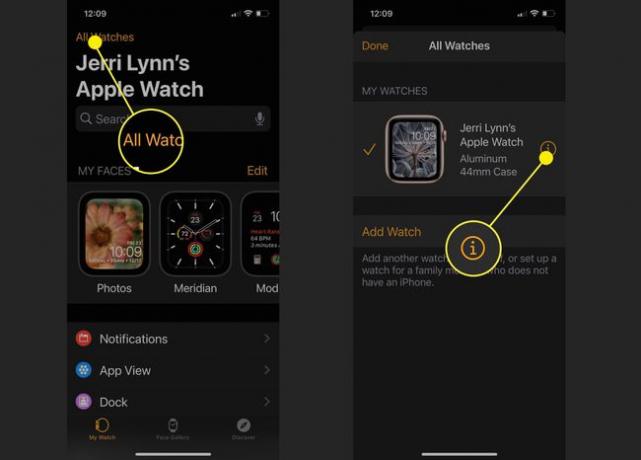 Apple Watch의 정보 화면으로 이동하는 방법을 보여주는 스크린샷.