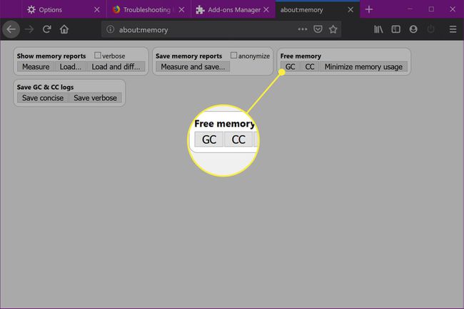 Los botones GC y CC en la configuración de memoria de Firefox