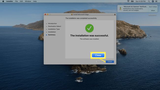Una captura de pantalla de una instalación exitosa de Edge en Mac.