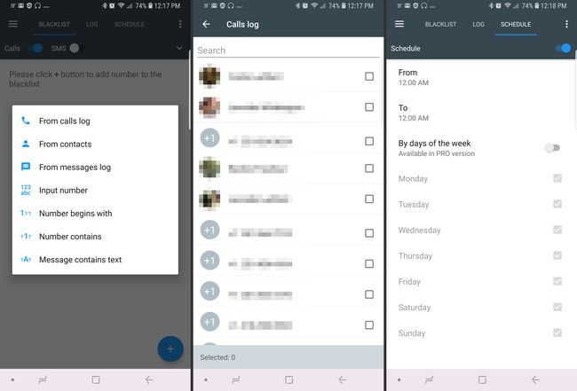 Tři obrazovky Android z aplikace Calls Blacklist zobrazující aplikaci pro blokování hovorů v práci