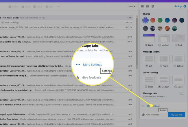 Tela de mais configurações no Yahoo Mail