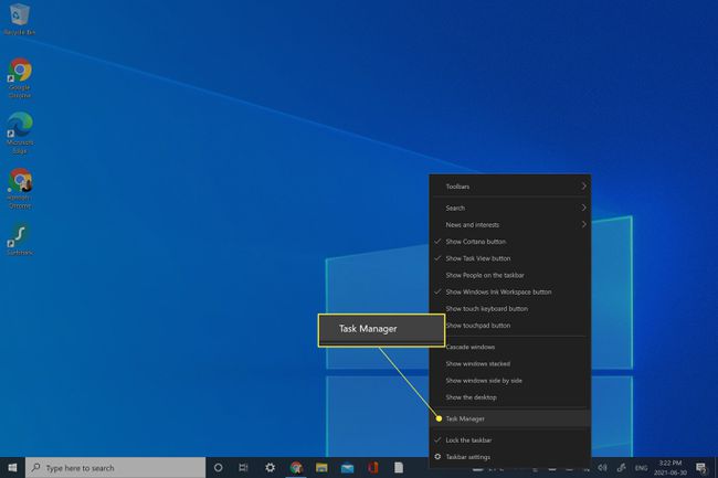 Uzdevumu pārvaldnieka atvēršana, ar peles labo pogu noklikšķinot uz uzdevumjoslas operētājsistēmā Windows 10 (ar izceltu uzdevumu pārvaldnieku)