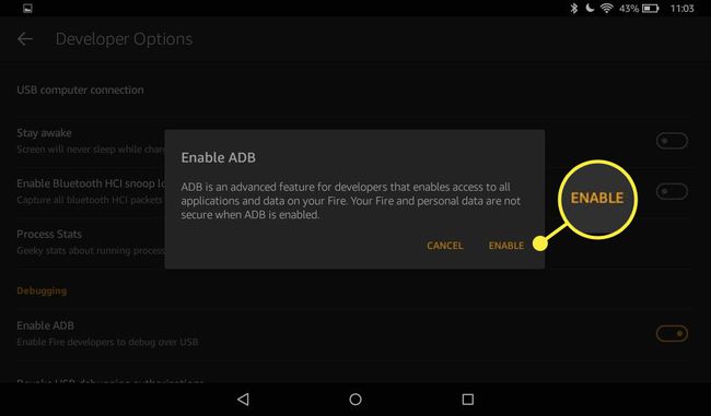 Az ABD engedélyezése megerősítési képernyő egy Kindle Fire eszközön.
