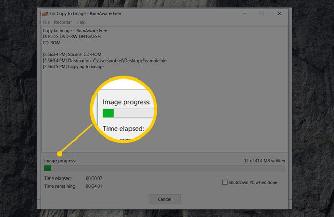 Proses pembakaran gambar di BurnAware Gratis untuk Windows 10