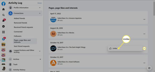 Utolsó lépések a Facebook tevékenységnaplóban található bejegyzések kedvelésének megszüntetéséhez.