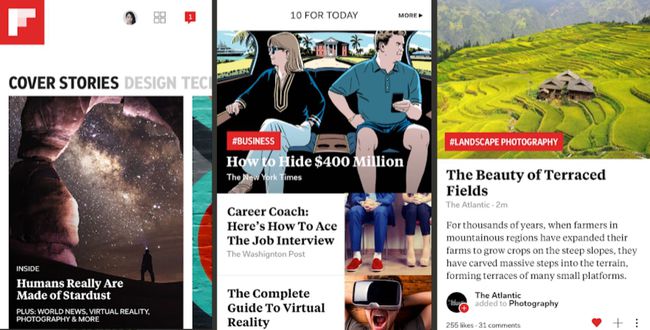 Kolme kuvakaappausta Flipboardista Androidille.