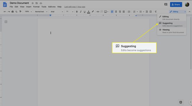 ตัวเลือกการแนะนำใน Google Docs