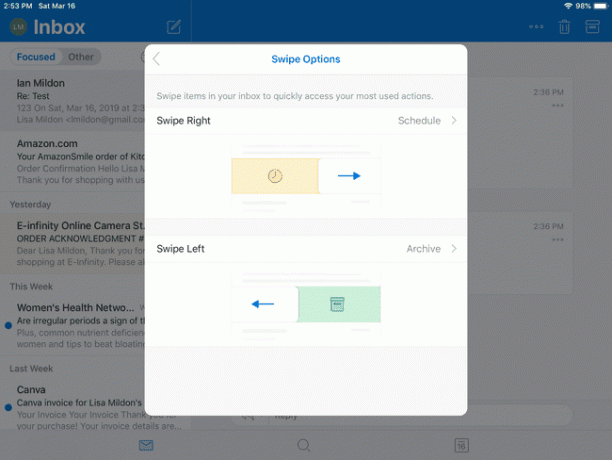 Επιλογές ολίσθησης στο Outlook για iOS.