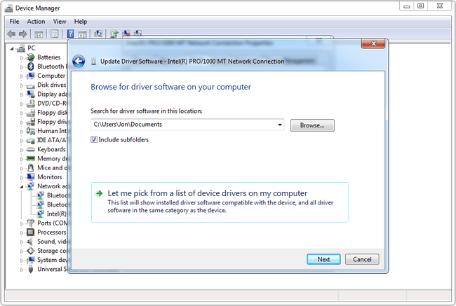 Windows 7의 드라이버 소프트웨어 업데이트 화면 스크린샷