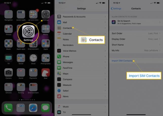 Três telas do iOS exibindo o ícone do aplicativo Configurações, o botão de contatos e o botão Importar contatos do SIM