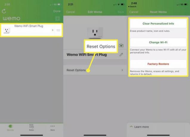 Wemo Smart Plug en Reset-opties gemarkeerd in de Wemo-app