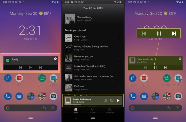 Android με επισημασμένο γραφικό στοιχείο Spotify, επισημασμένο το κουμπί τραγουδιού και αναπαραγωγής Spotify και επισημασμένα τα στοιχεία ελέγχου αναπαραγωγής στο γραφικό στοιχείο