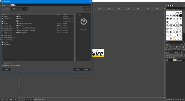 Gimp'te Görüntüyü dışa aktar iletişim kutusuna bir dosya adı girme.