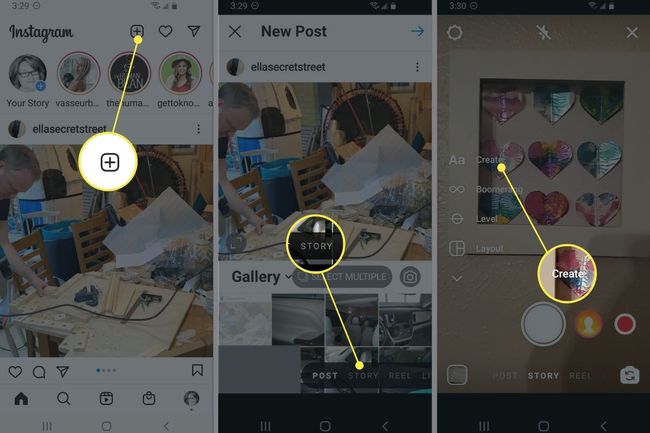 Nytt innlegg-knapp, Story-knapp og Lag i Instagram