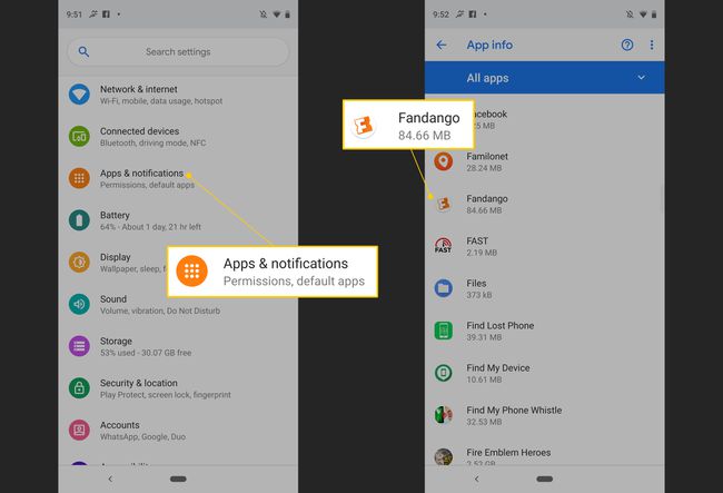 Aplicații și notificări, aplicația Fandango în Setări Android