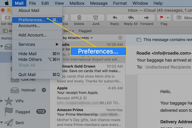 Item de menu de preferências no Apple Mail