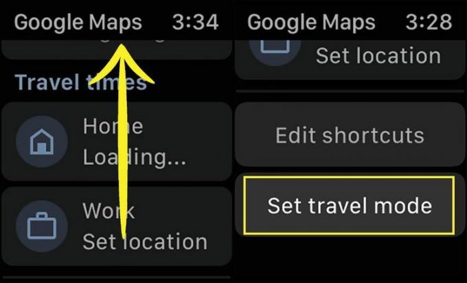Velciet un pieskarieties vienumam Iestatīt ceļošanas režīmu, kas iezīmēts Apple Watch lietotnē Google Maps.