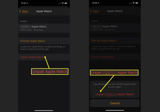 Aplicația iPhone Watch afișează setările Deconectați Apple Watch