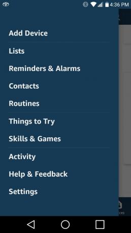Snímek obrazovky s nabídkou zobrazující Nastavení v aplikaci Alexa