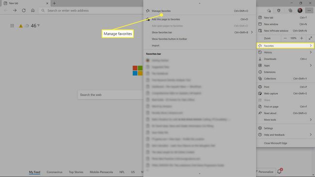 El menú de favoritos en Microsoft Edge con Administrar favoritos resaltado.