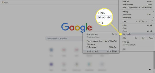 Una captura de pantalla de Chrome con la opción de menú Más herramientas resaltada