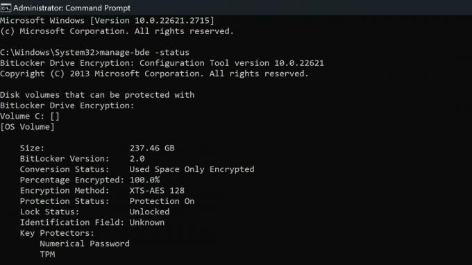 A BitLocker titkosítási szintjének ellenőrzésére szolgáló parancssori parancs képe