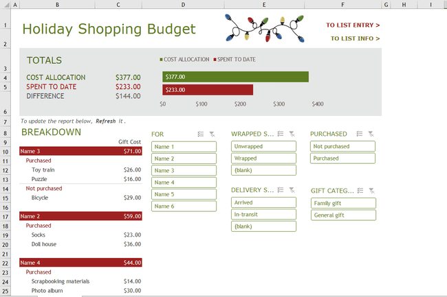 Excel'den tatil alışverişi bütçe şablonu