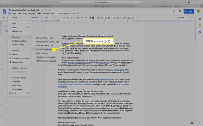 A opção PDF no menu de download do Google Docs.