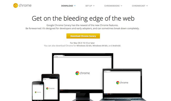 Página de descarga de Chrome Canary