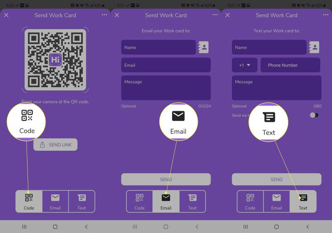 Opzioni di invio dell'app HiHello con codice, e-mail e testo evidenziati