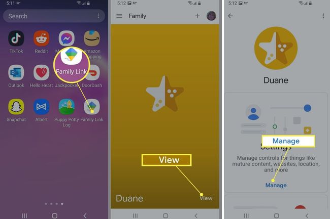Ver y administrar la cuenta de un niño en la aplicación Google Family Link.
