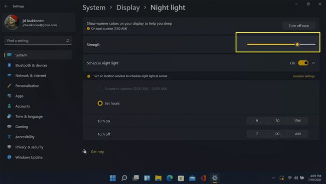 Impostazioni della luce notturna di Windows 11.