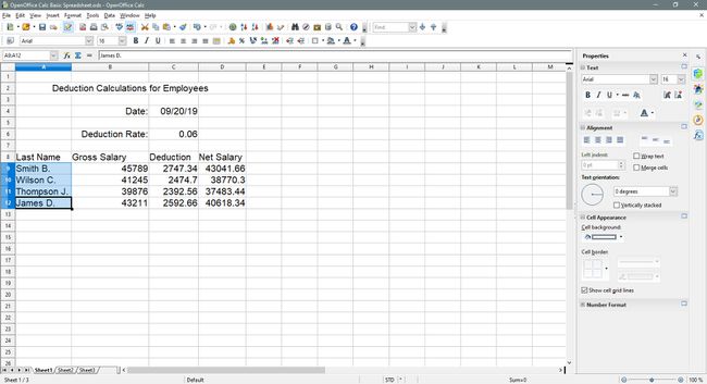 De achternamen worden geselecteerd in OpenOffice Calc.