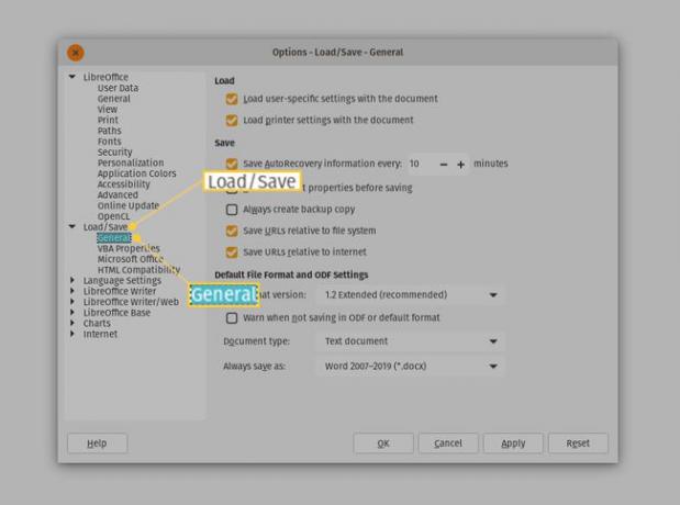 Képernyőkép a LibreOffice Options ablakáról.