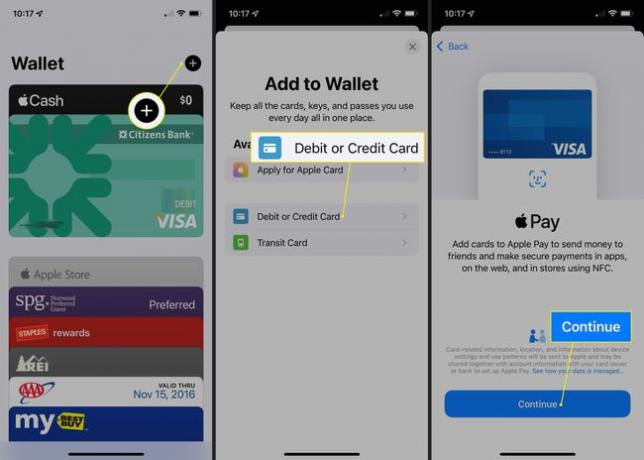 Plus (+), Debetní nebo kreditní karta a Pokračovat v aplikaci Apple Pay