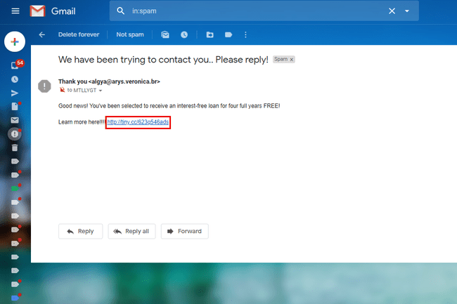 Captura de pantalla de un correo electrónico no deseado con un enlace abreviado
