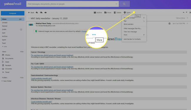 Botão Mais na janela de mensagem de e-mail no Yahoo Mail