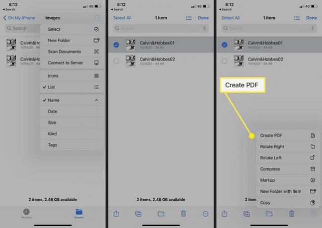 Utilisation de l'application Fichiers dans iOS 14 pour convertir JPG en PDF.