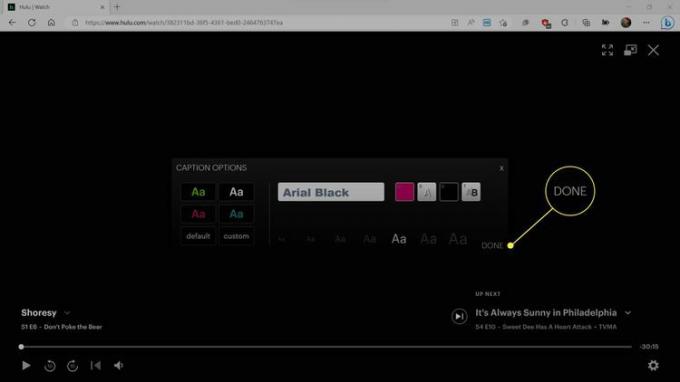 Hulu のキャプション オプション メニューで [完了] が強調表示されます。