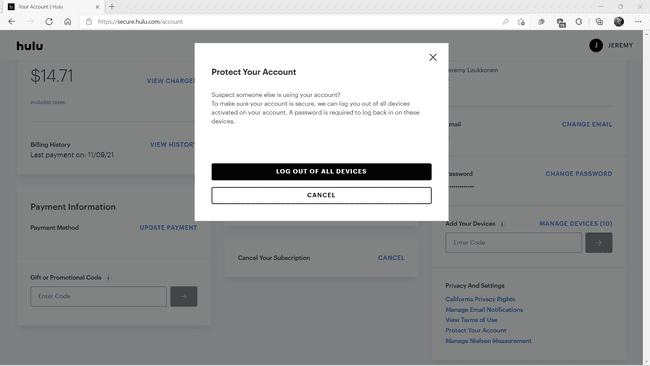 Huluで強調表示されているすべてのデバイスからログアウトすると、アカウントメニューが保護されます。