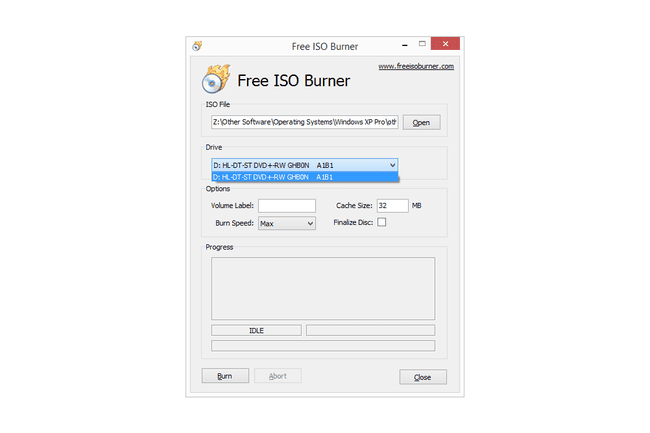 Free ISO Burner'da bir disk sürücüsünü gösteren ekran görüntüsü