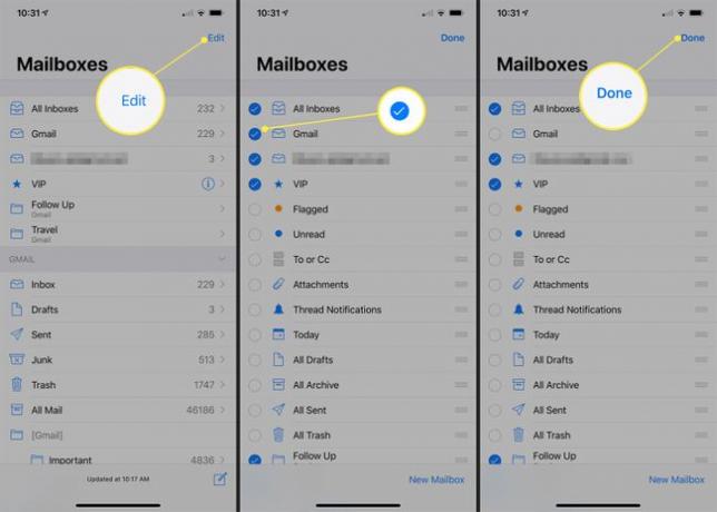 Schaltfläche Bearbeiten, Kontrollkästchen und Fertig im Bildschirm iOS-Postfächer