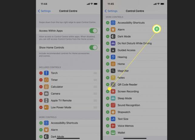 Configurações do iPhone com o Centro de Controle aberto e o sinal de mais próximo a Gravação de Tela destacado