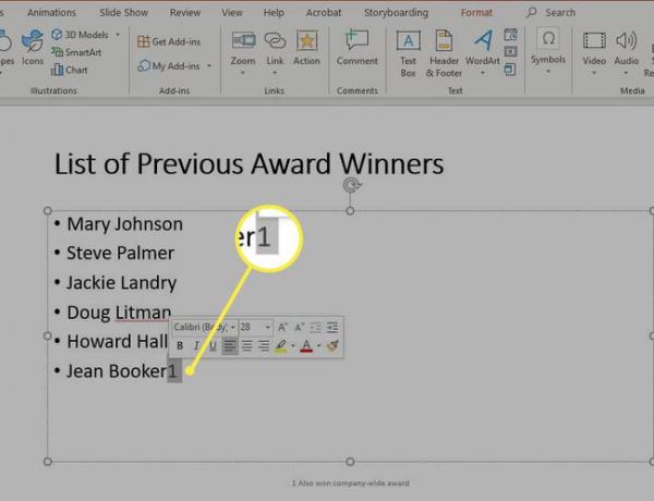 подчертан индикатор за бележка под линия в PowerPoint за Windows