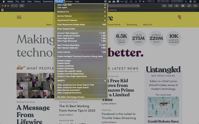 Una captura de pantalla de Safari con el menú Desarrollar resaltado