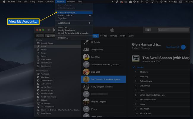 لقطة شاشة لعرض حسابي... عنصر القائمة في قائمة الحساب في iTunes عبر الوضع المظلم لنظام macOS