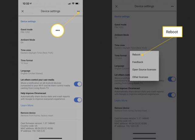 iOS용 Google Home 앱의 메뉴 점 및 재부팅 옵션