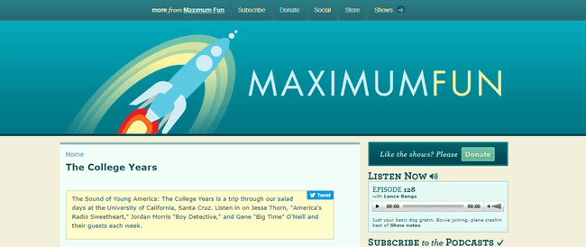 Zrzut ekranu strony internetowej Maximum Fun, na której znajduje się zrzut ekranu podcastu Sound of Young America