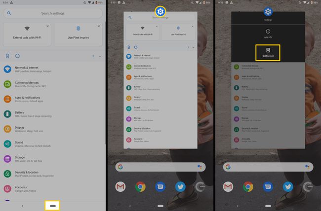 Capturi de ecran care arată cum să ajungeți la opțiunea Split Screen din stocul Android.